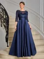 A-line Scoop 3/4 Sleeves Appliques Lace Floor-Length Satin Mother of the Bride Dress