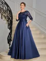 A-line Scoop 3/4 Sleeves Appliques Lace Floor-Length Satin Mother of the Bride Dress