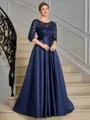 A-line Scoop 3/4 Sleeves Appliques Lace Floor-Length Satin Mother of the Bride Dress