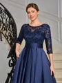 A-line Scoop 3/4 Sleeves Appliques Lace Floor-Length Satin Mother of the Bride Dress