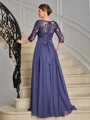A-line Scoop 3/4 Sleeves Appliques Lace Floor-Length Chiffon Mother of the Bride Dress