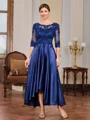 A-line Scoop 1/2 Sleeves Appliques Lace Asymmetrical Silk Like Satin Mother of the Bride Dress