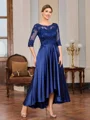 A-line Scoop 1/2 Sleeves Appliques Lace Asymmetrical Silk Like Satin Mother of the Bride Dress