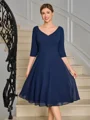 A-line V-neck 3/4 Sleeves Pleated Tea-Length Chiffon Mother of the Bride Dress