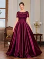 A-line Scoop Short Sleeves Appliques Lace Floor-Length Silk Like Satin Mother of the Bride Dress
