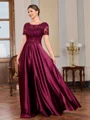 A-line Scoop Short Sleeves Appliques Lace Floor-Length Silk Like Satin Mother of the Bride Dress
