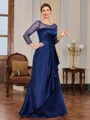 Sheath Scoop Long Sleeves Pleated Floor-Length Satin Mother of the Bride Dress