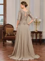 A-line Scoop 3/4 Sleeves Appliques Lace Sweep Train Chiffon Mother of the Bride Dress