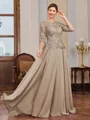 A-line Scoop 3/4 Sleeves Appliques Lace Sweep Train Chiffon Mother of the Bride Dress