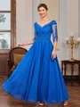 A-line V-neck 3/4 Sleeves Appliques Lace Ankle-Length Chiffon Mother of the Bride Dress