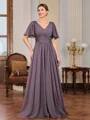A-line V-neck Short Sleeves Appliques Lace Floor-Length Chiffon Mother of the Bride Dress