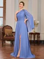 A-line One-Shoulder Long Sleeves Pleated Floor-Length Chiffon Mother of the Bride Dress