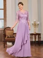 A-line Scoop 3/4 Sleeves Appliques Lace Floor-Length Chiffon Mother of the Bride Dress