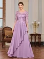 A-line Scoop 3/4 Sleeves Appliques Lace Floor-Length Chiffon Mother of the Bride Dress