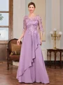 A-line Scoop 3/4 Sleeves Appliques Lace Floor-Length Chiffon Mother of the Bride Dress