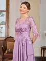 A-line Scoop 3/4 Sleeves Appliques Lace Floor-Length Chiffon Mother of the Bride Dress