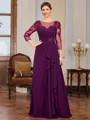 Sheath Scoop 3/4 Sleeves Appliques Lace Floor-Length Chiffon Mother of the Bride Dress
