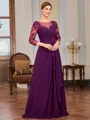 Sheath Scoop 3/4 Sleeves Appliques Lace Floor-Length Chiffon Mother of the Bride Dress