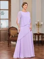 Sheath Scoop 3/4 Sleeves Cascading Ruffles Floor-Length Chiffon Mother of the Bride Dress