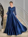 A-line V-neck 3/4 Sleeves Appliques Lace Floor-Length Silk Like Satin Mother of the Bride Dress