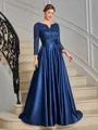 A-line V-neck 3/4 Sleeves Appliques Lace Floor-Length Silk Like Satin Mother of the Bride Dress