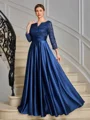 A-line V-neck 3/4 Sleeves Appliques Lace Floor-Length Silk Like Satin Mother of the Bride Dress