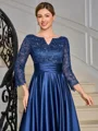 A-line V-neck 3/4 Sleeves Appliques Lace Floor-Length Silk Like Satin Mother of the Bride Dress