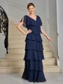 Sheath V-neck Short Sleeves Cascading Ruffles Ankle-Length Chiffon Mother of the Bride Dress