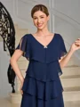 Sheath V-neck Short Sleeves Cascading Ruffles Ankle-Length Chiffon Mother of the Bride Dress
