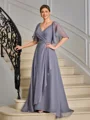 A-line V-neck Short Sleeves Pleated Floor-Length Mother of the Bride Dress
