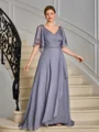 A-line V-neck Short Sleeves Pleated Floor-Length Mother of the Bride Dress