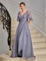 A-line V-neck Short Sleeves Pleated Floor-Length Mother of the Bride Dress