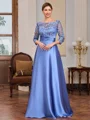 A-line Scoop 3/4 Sleeves Appliques Lace Floor-Length Silk Like Satin Mother of the Bride Dress