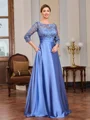 A-line Scoop 3/4 Sleeves Appliques Lace Floor-Length Silk Like Satin Mother of the Bride Dress