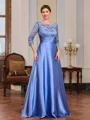 A-line Scoop 3/4 Sleeves Appliques Lace Floor-Length Silk Like Satin Mother of the Bride Dress