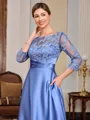 A-line Scoop 3/4 Sleeves Appliques Lace Floor-Length Silk Like Satin Mother of the Bride Dress