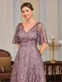 A-line V-neck Short Sleeves Appliques Lace Floor-Length Tulle Mother of the Bride Dress