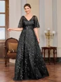 A-line V-neck Short Sleeves Appliques Lace Floor-Length Tulle Mother of the Bride Dress
