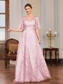 A-line V-neck Short Sleeves Appliques Lace Floor-Length Tulle Mother of the Bride Dress