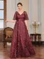 A-line V-neck Short Sleeves Appliques Lace Floor-Length Tulle Mother of the Bride Dress