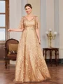 A-line V-neck Short Sleeves Appliques Lace Floor-Length Tulle Mother of the Bride Dress
