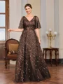 A-line V-neck Short Sleeves Appliques Lace Floor-Length Tulle Mother of the Bride Dress