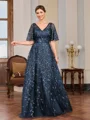 A-line V-neck Short Sleeves Appliques Lace Floor-Length Tulle Mother of the Bride Dress