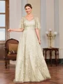 A-line V-neck Short Sleeves Appliques Lace Floor-Length Tulle Mother of the Bride Dress