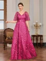 A-line V-neck Short Sleeves Appliques Lace Floor-Length Tulle Mother of the Bride Dress