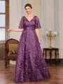 A-line V-neck Short Sleeves Appliques Lace Floor-Length Tulle Mother of the Bride Dress