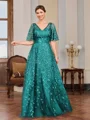 A-line V-neck Short Sleeves Appliques Lace Floor-Length Tulle Mother of the Bride Dress