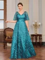 A-line V-neck Short Sleeves Appliques Lace Floor-Length Tulle Mother of the Bride Dress