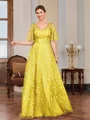 A-line V-neck Short Sleeves Appliques Lace Floor-Length Tulle Mother of the Bride Dress