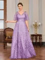 A-line V-neck Short Sleeves Appliques Lace Floor-Length Tulle Mother of the Bride Dress